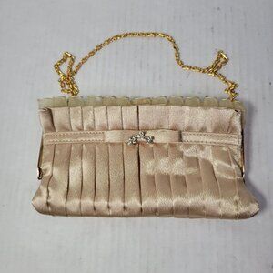 Vintage Gold Satin Pleated Evening Bag With Rhinestone Bow & Gold Chain Handle